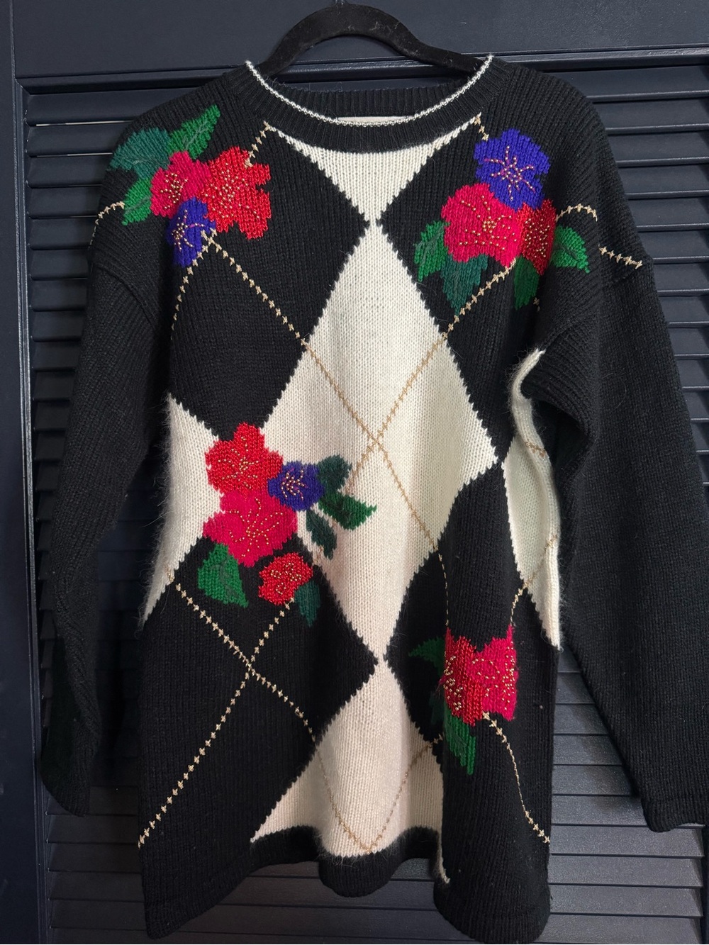 Vintage Dana Scott Argyle Floral Beaded Sweater Large